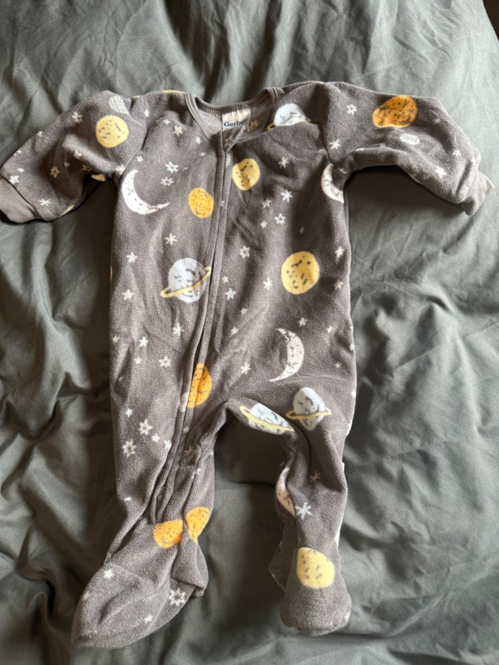 Gerber Gray One-Piece Footed Fleece with Yellow Planet Print